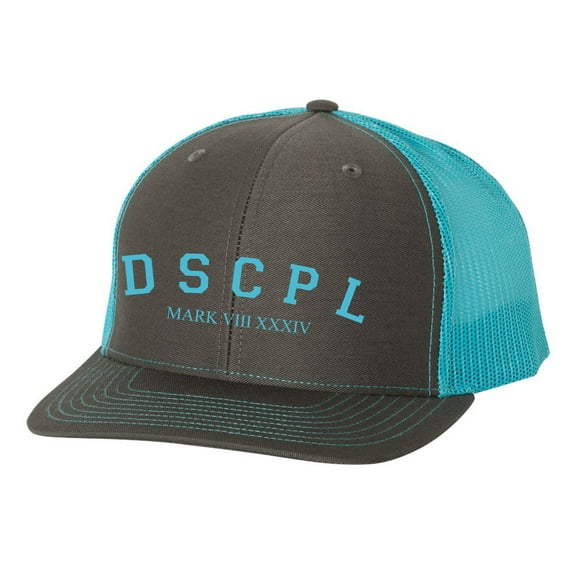 Christian DSCPL Disciple Mark VIII XXXIV Mens Embroidered Mesh Back Trucker Hat, Charcoal/Neon Blue