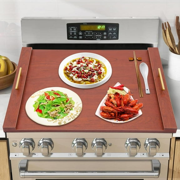 Wood Stove Top Covers for Electric/Gas Stove Top, 30" x 21" Stove Top Cutting Board Noodle Boards for Electric Stove Top Large Serving Tray with Handles (Brownish Red)