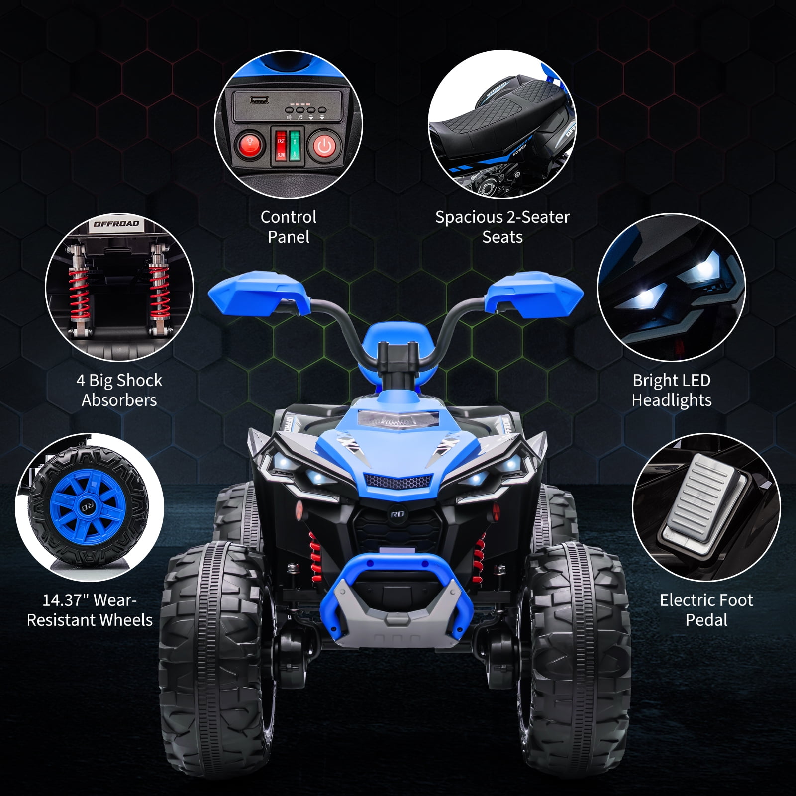 24V 2-Seater Electric Kids ATV Ride-On Car – Dual 550W Motors, Off-Road 4-Wheeler, 14.4'' Wheels, LED Lights, Music, High/Low Speed, For Boys & Girls Ages 3-8