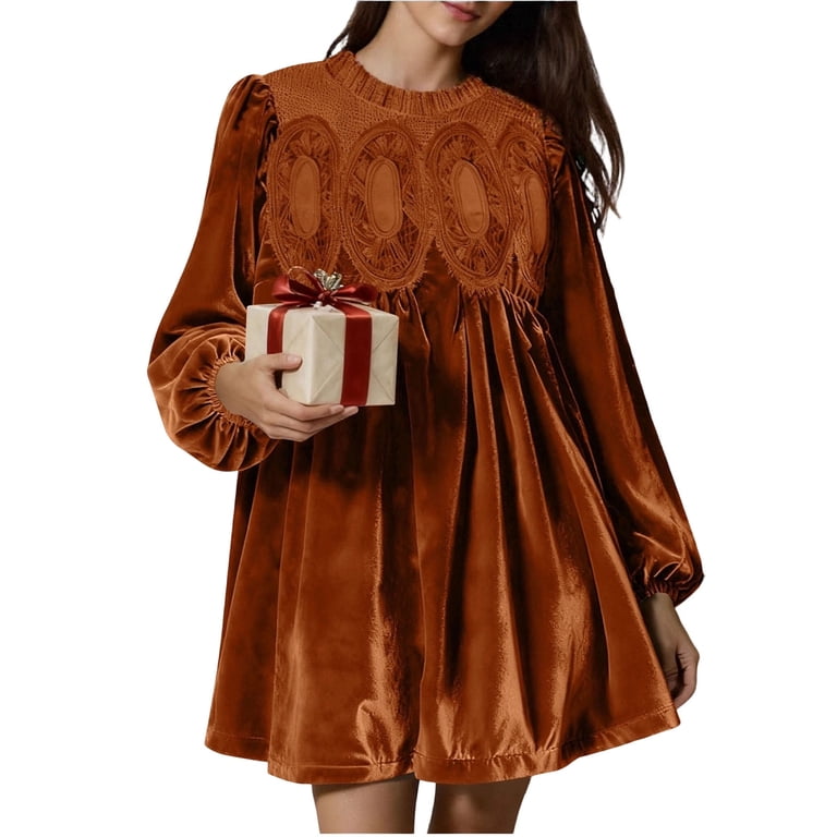 qucoqpe Womens A-Line Velvet Lace Dress Fashion Casual Scallop Neck Flared  Wedding Mini Dress Long Sleeve Patchwork Pleated Dress - Walmart.com