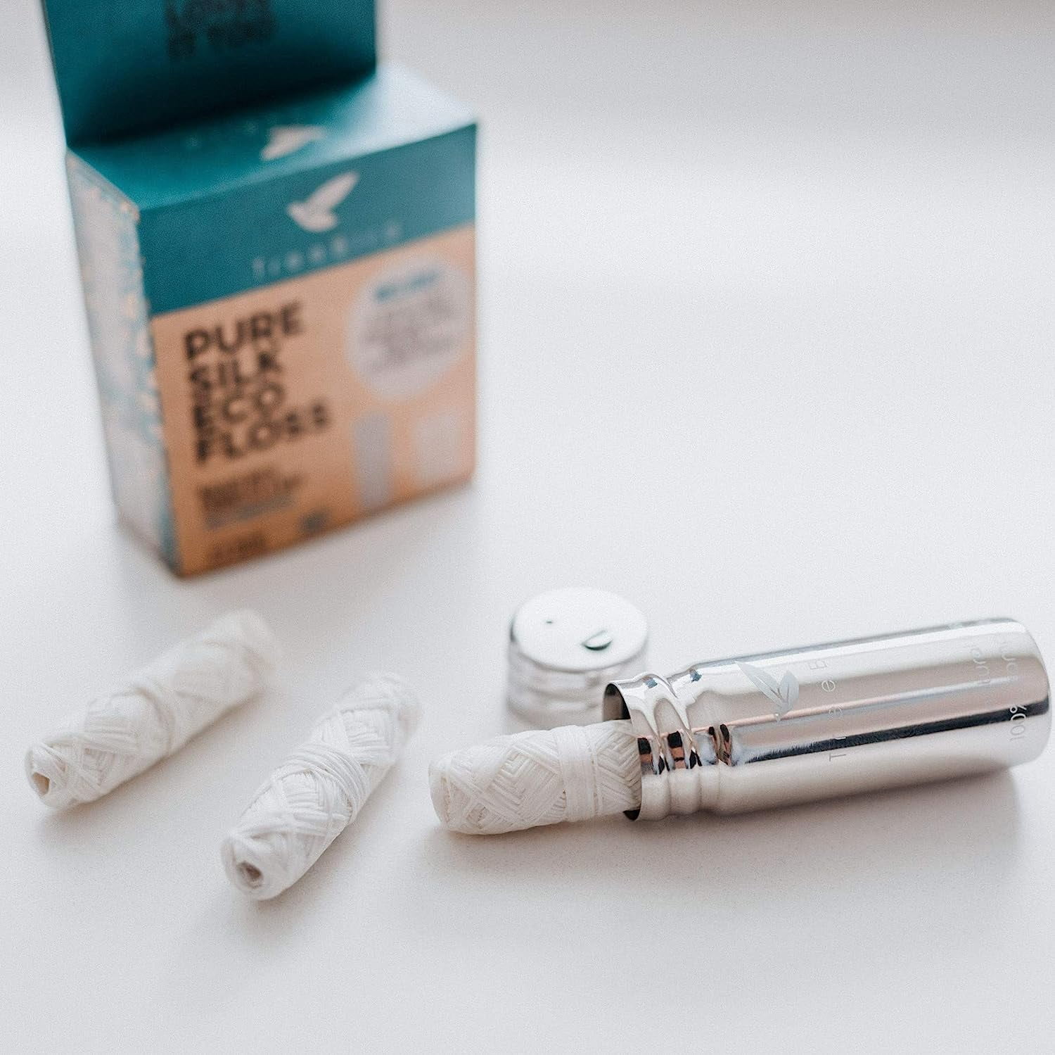 Pure Silk Eco Floss Kit - Refillable Dispenser (Stainless Steel) + 3×33 yd Refills | Waxed with Candelilla Wax Mint