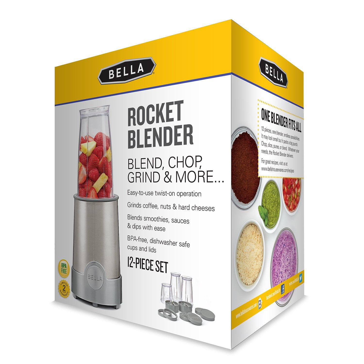 BELLA Personal Size Rocket Blender, 12 piece set, color stainless