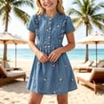 thumbnail image 2 of SDNall Girls Button Front Long Sleeve Denim Casual Dress, round Neck Ruffle Hem Fitted Waist Flared Soft Comfy Summer Sundress, Holiday Trips Weekend Outings School Wear Dresses for Girls 1-14 Years, 2 of 7