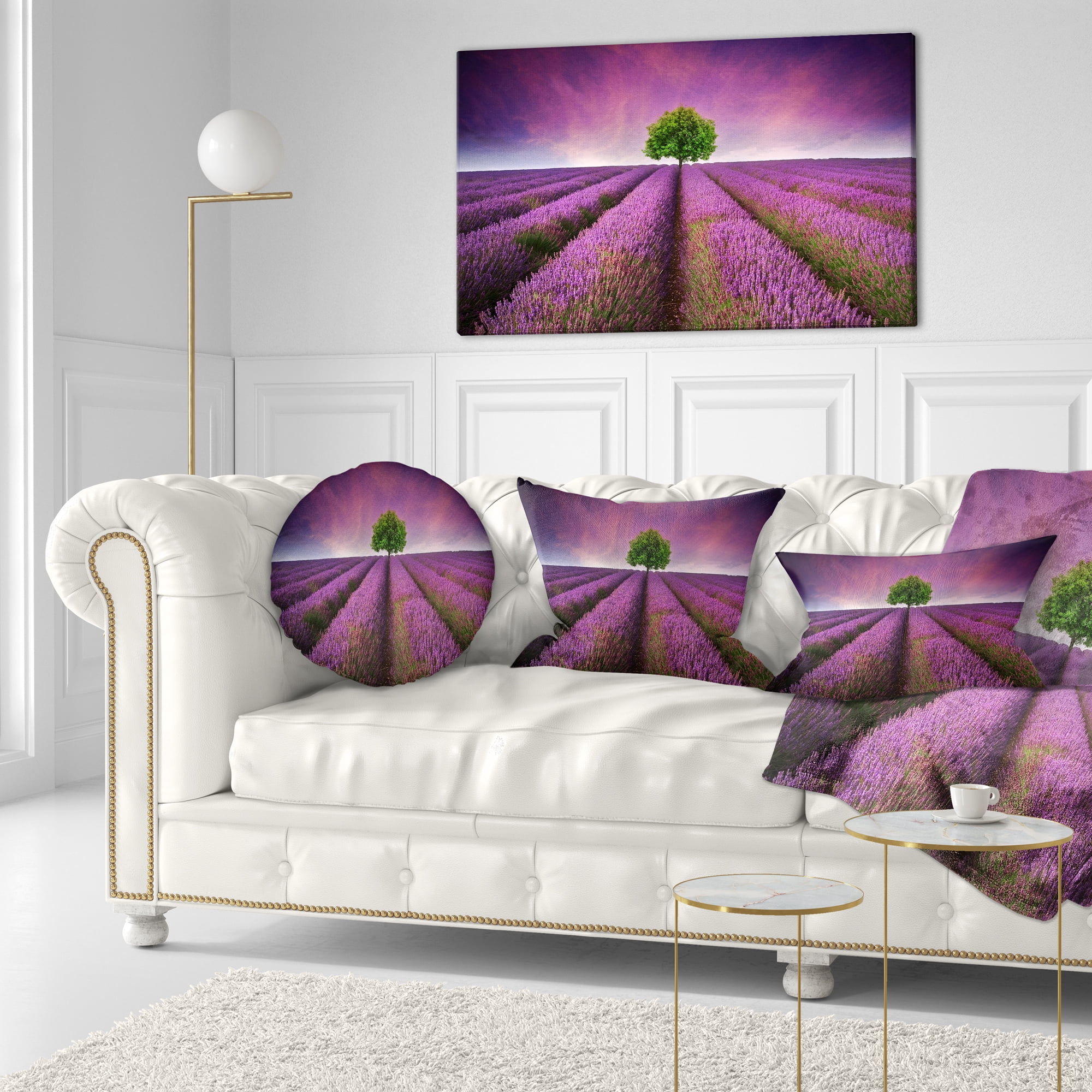 Designart Lavender Field Sunset with Single Tree - Floral Throw Pillow - 12x20