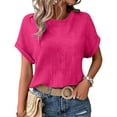thumbnail image 2 of Women's Summer Solid Color Casual Loose Double-Wrinkle Round Neck Short-Sleeved T-Shirt | Yubnlvae | Women's Summer Solid Color Casual Loose Double Wrinkle Solid Color (Hot Pink | L), 2 of 5