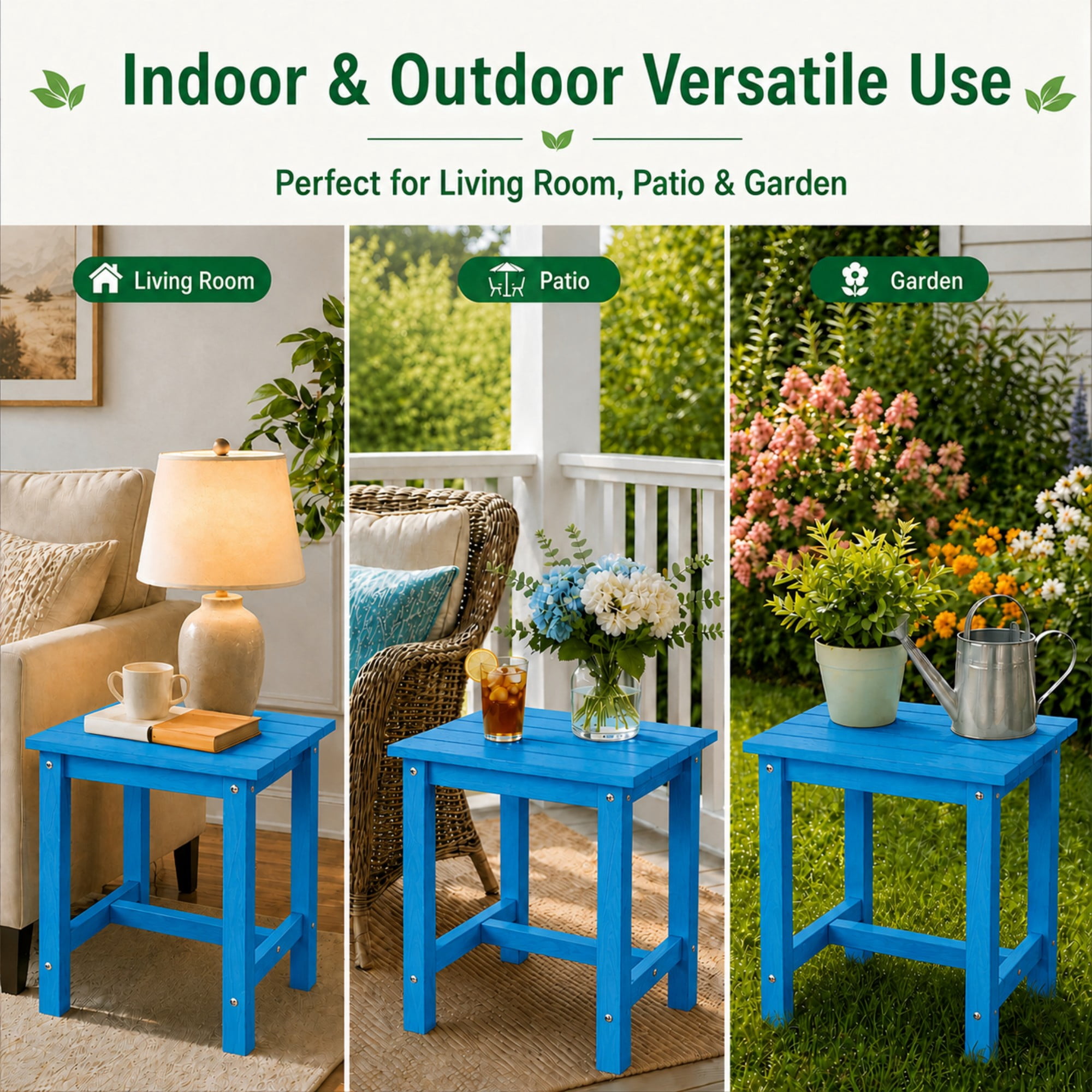 Y&M Outdoor Side Table, HDPE Patio End Table for Adirondack Chair, Weather Resistant Small Accent Table, Bright Blue, Single Layer