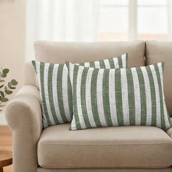 Outdoor Waterproof Throw Pillow Cover Sage Green White Stripes Decorative Pillow Covers 20x12inch Set of 2 Pillows Case, Minimalist Art Cushion Cases for Sofa Couch Patio Garden