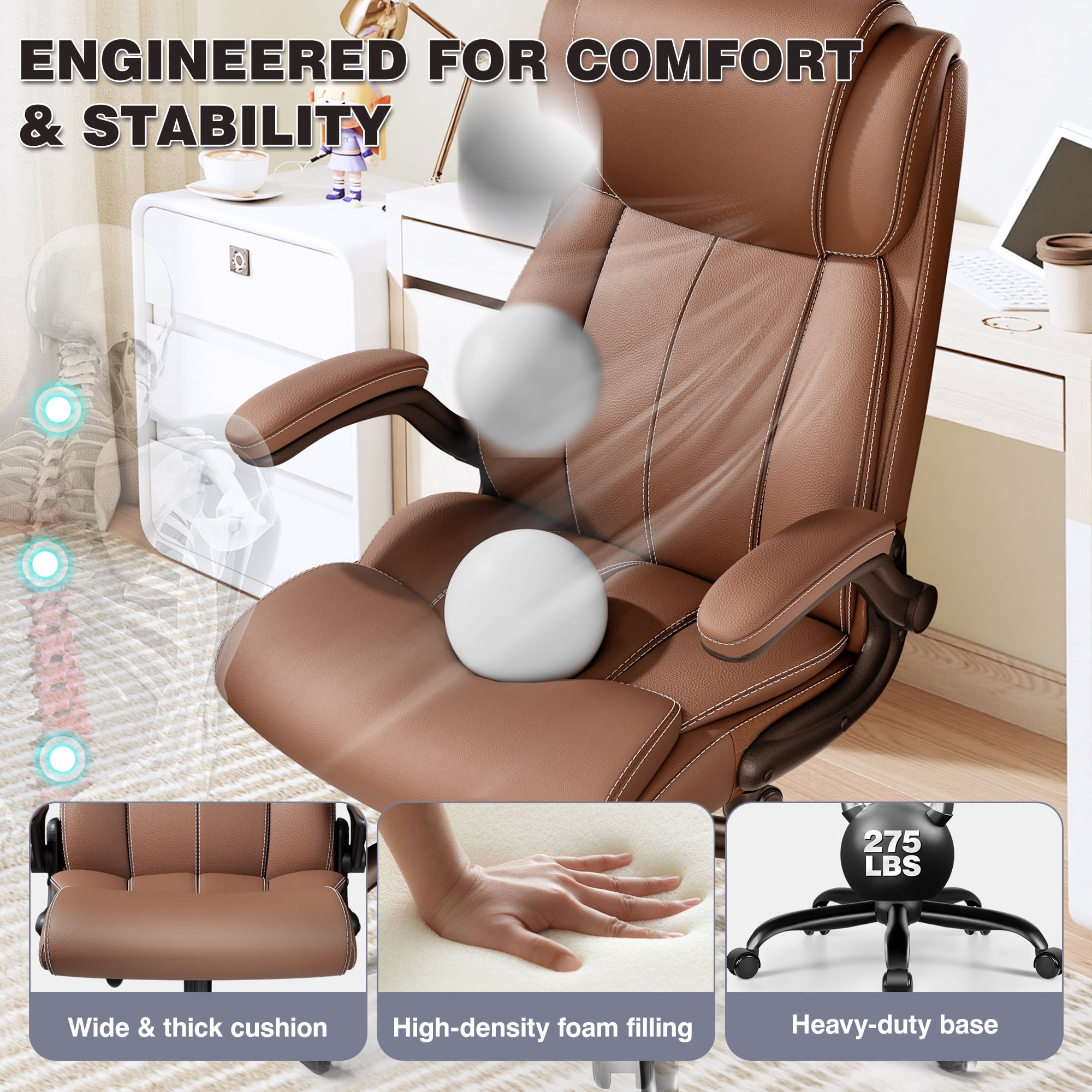 Primy Ergonomic Office Chair with Adjustable Air Lumbar, Home Desk Computer Chair, Leather High-Back Executive Chairs with Flip-Up Arms, Rocking Swivel Comfort