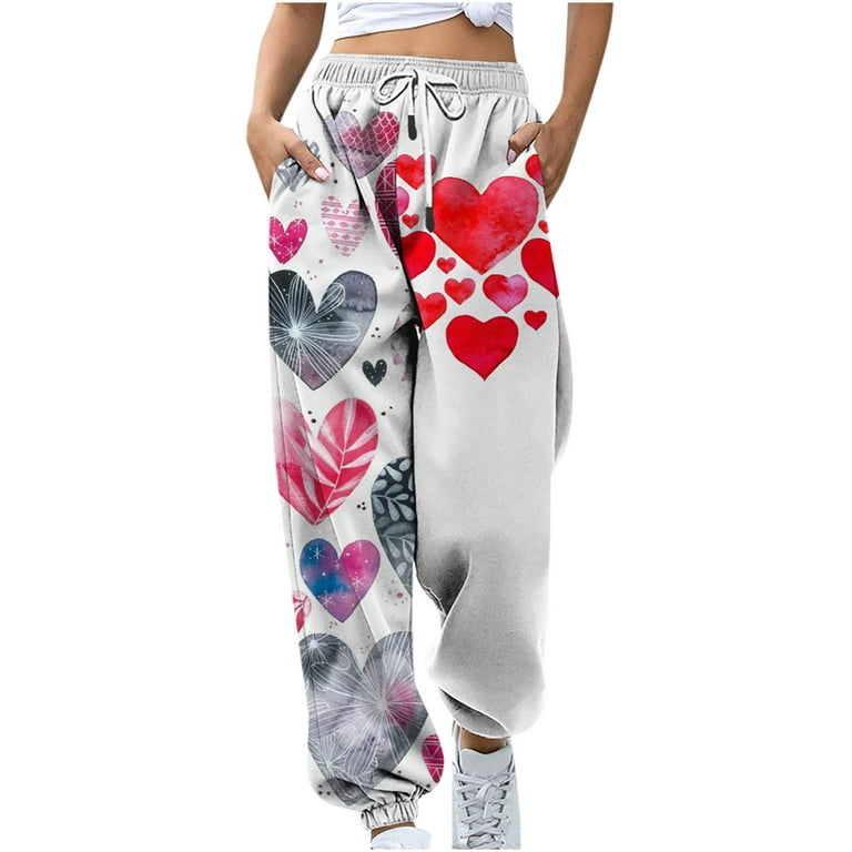 SMihono Discount Ladies Fashion Love Heart Print Elastic Waist Sweatpants  for Women Loose Casual Trendy Comfy Double Pocket Trousers Long Straight