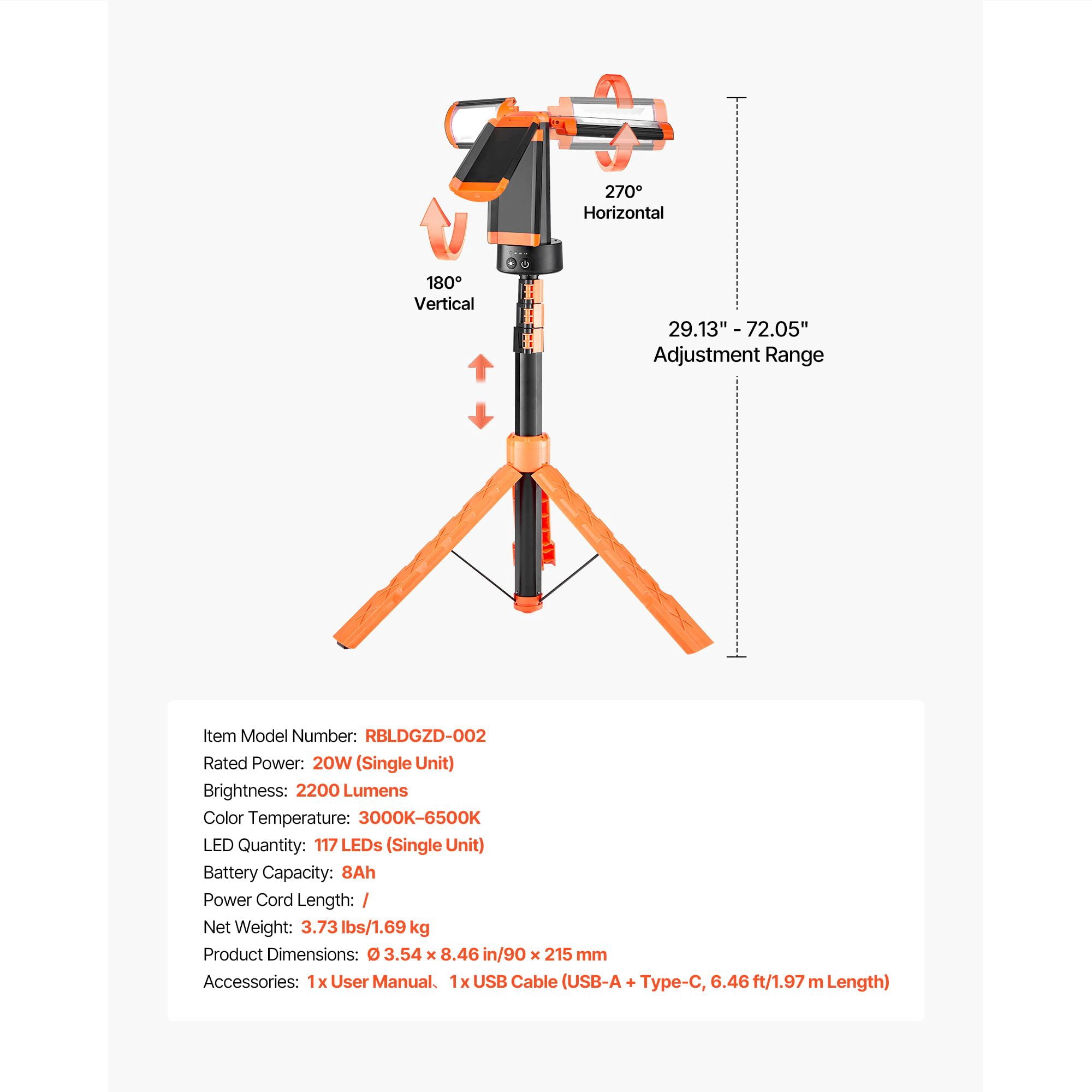 Tripod LED Work Light 2200lm 3000K-6500K 8Ah Battery IP65 Waterproof for Outdoor Construction Camping