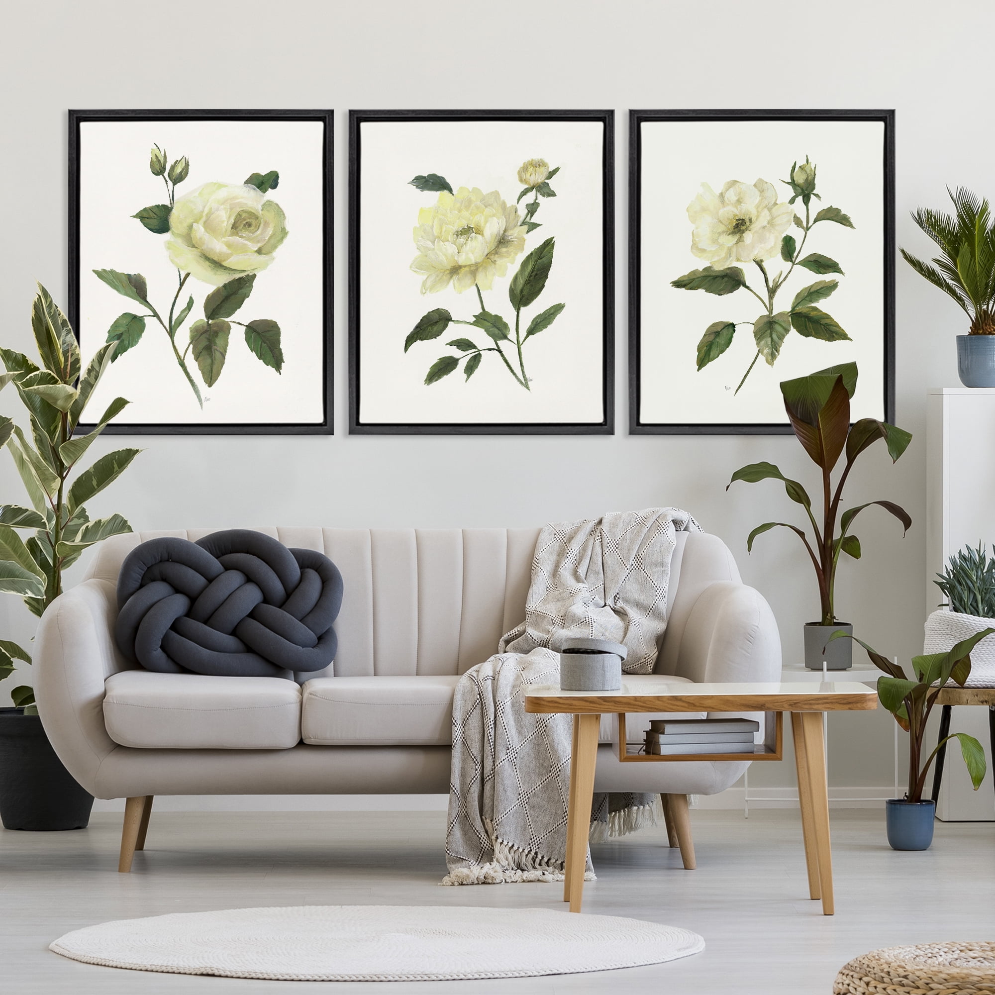 Stupell Industries Ivory Budding Garden Flowers 3 Piece Black Framed Floater Canvas Set, design by Nan