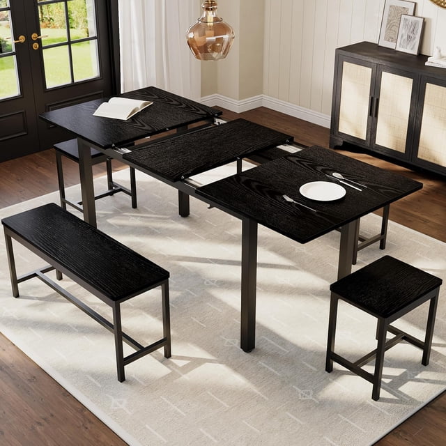5Pcs Dining Table Set for 4-8 People, 63 in Large Extendable Kitchen Table Set with 2 Benches and 2 Square Stools, Modern Dining Room Furniture Sets, Easy Assembly, Black