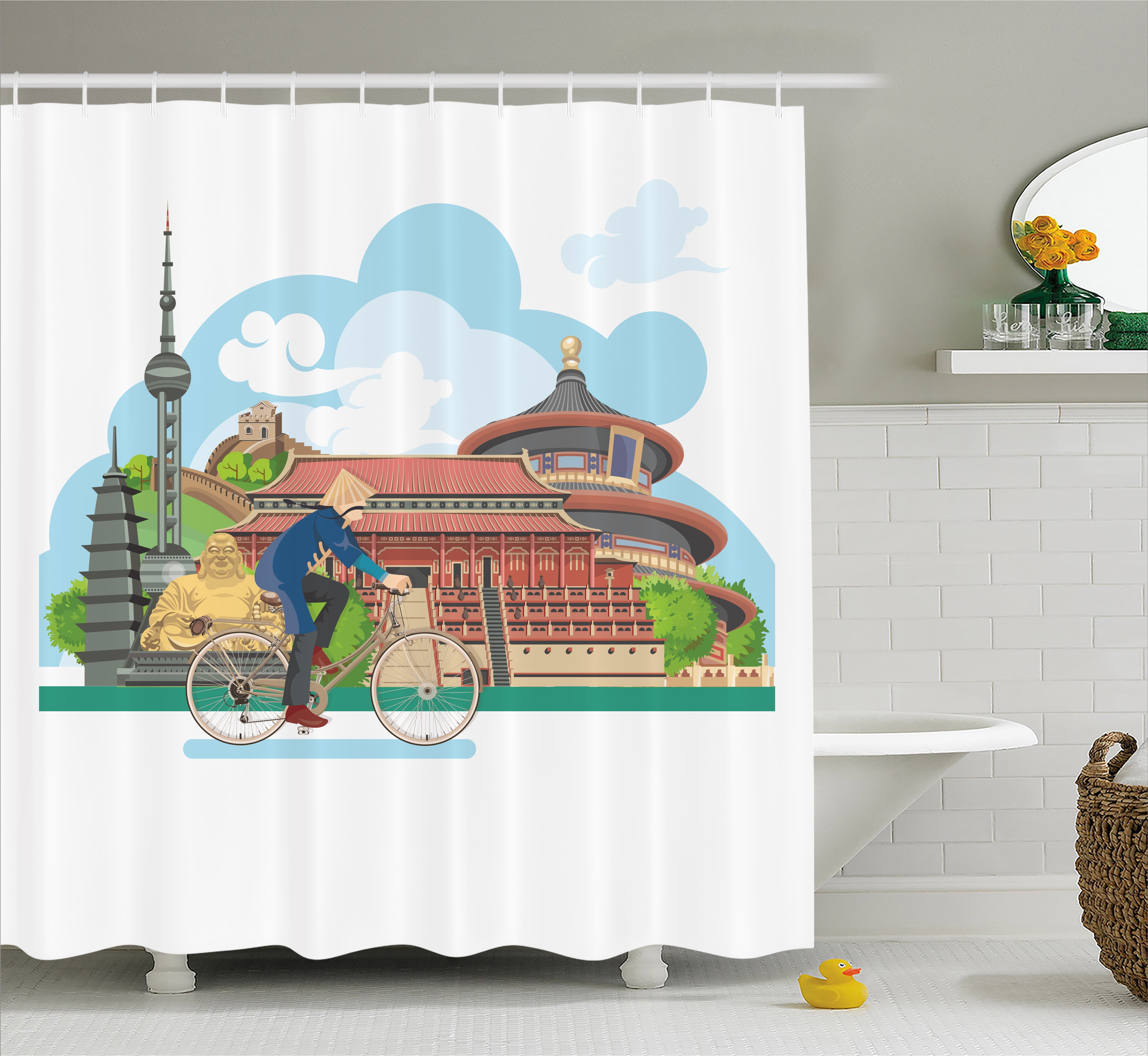 Ancient China Shower Curtain Chinese Elements Traditional Architecture And Costumes Behind A Cycling Man Fabric Bathroom Set With Hooks 69w X 84l