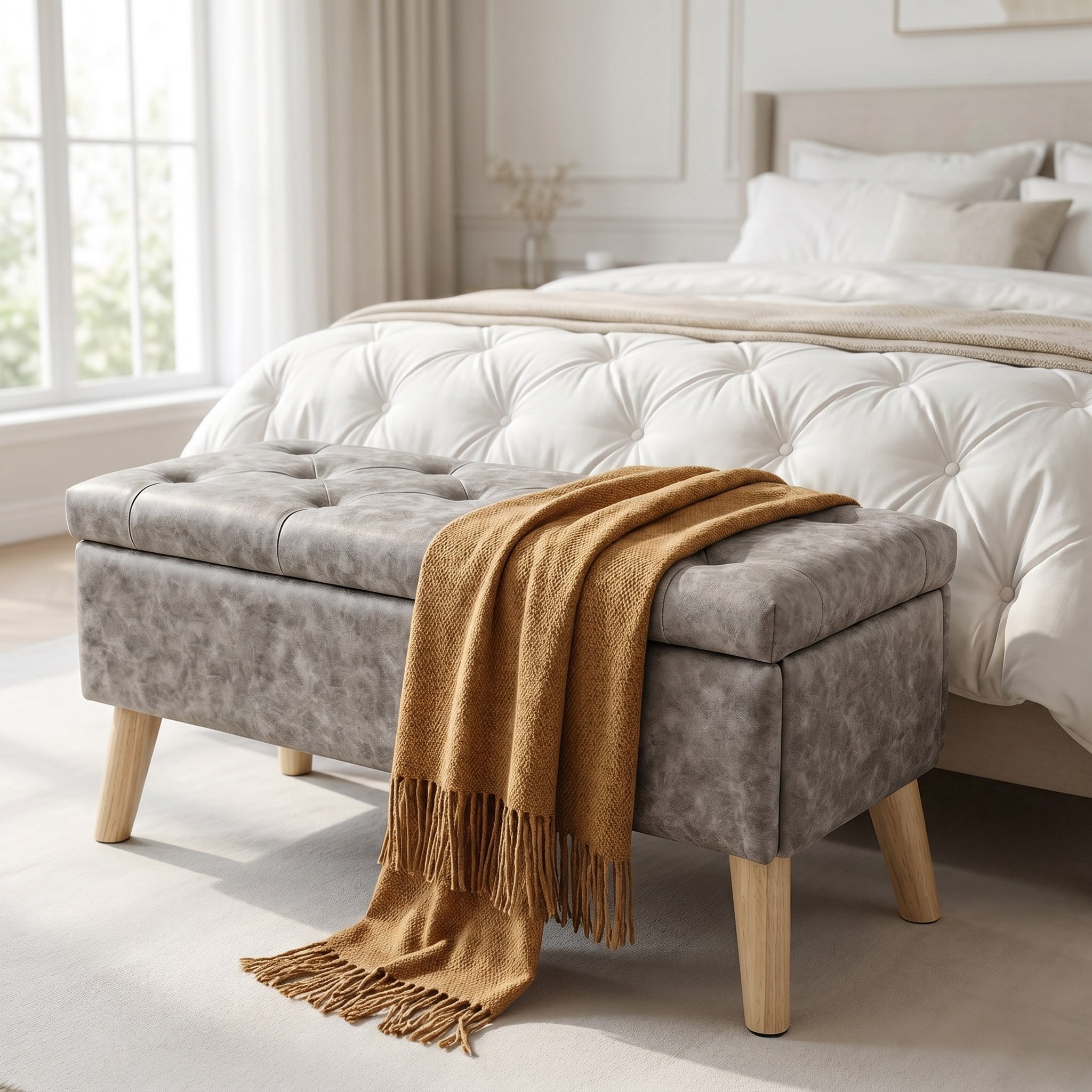 32" Wide Storage Ottoman Bench with Built-in Tray, Square Storage Ottoman for Extra Storage, Upholstered Footrest and End of Bed Bench, Perfect for Living Room, Bedroom, Sitting, Relaxing