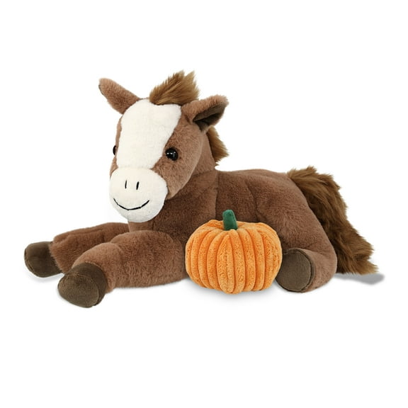 DolliBu Laying Brown Horse Stuffed Animal with Pumpkin Decor - Pumpkin Plush Animal for Fall, Halloween and Thanksgiving, Pumpkin Toy for Baby, Kids, Adults - 12 Inches