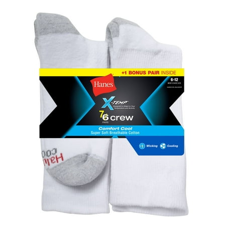 Hanes Men`s X-Temp Comfort Cool 7-Pack Crew Socks, CC18/7, 6-12, White ...