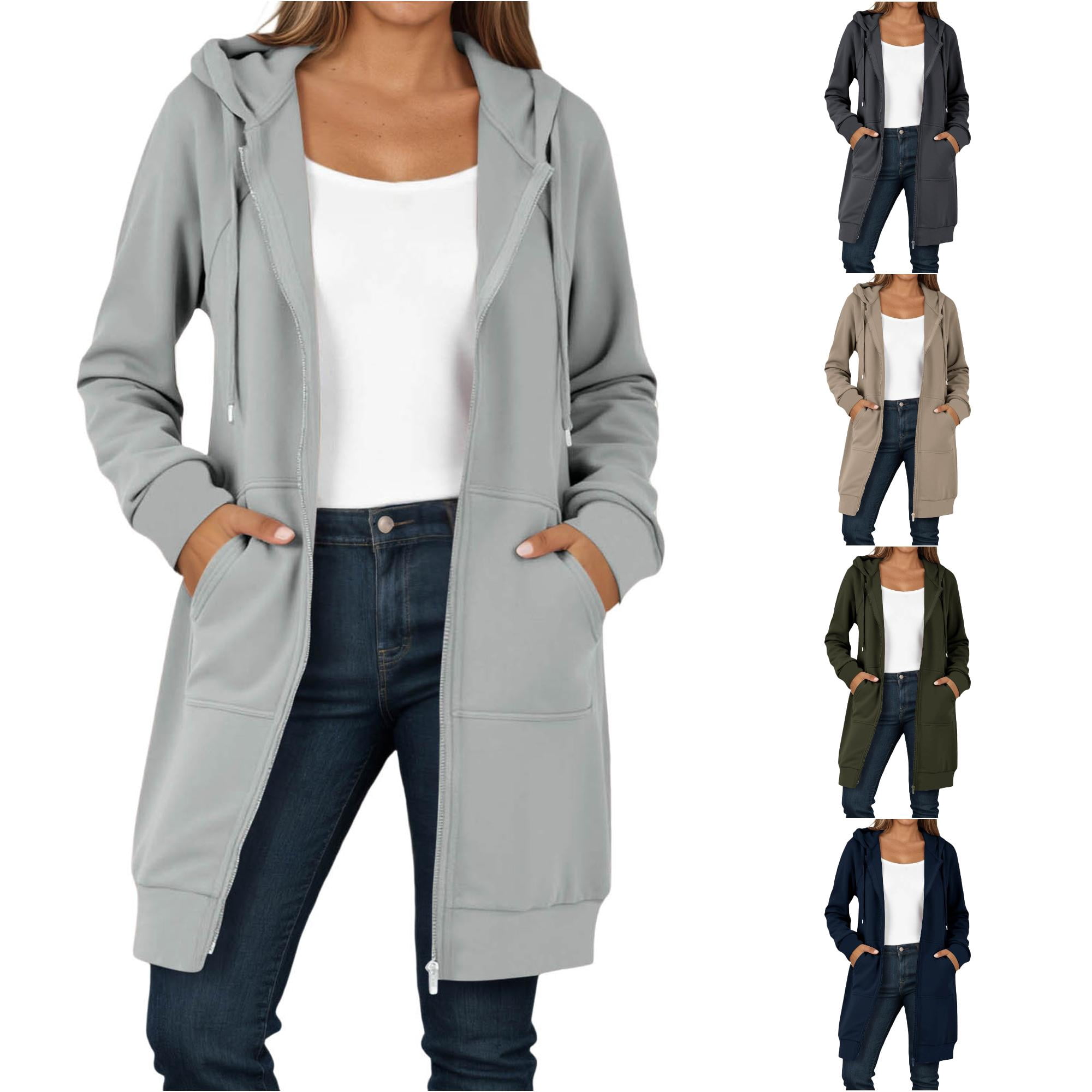 SONXAHE Long Length Zip Hoodie for Women Relaxed Street Daily Coat