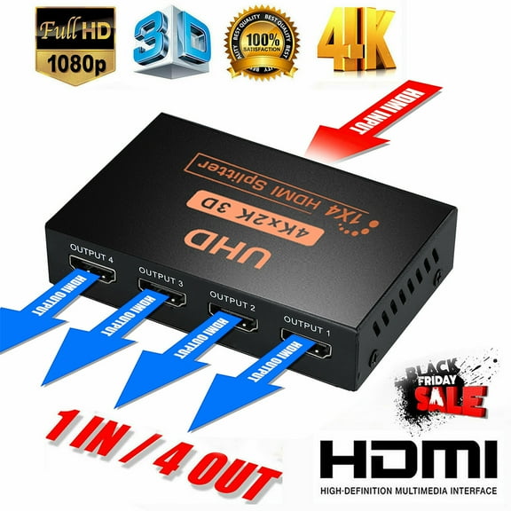 Hdmi Splitter 1 in 4 Out V1.4b Powered Hdmi Video Splitter with AC Adaptor Supports Ultra HD 1080P 4K@30Hz and 3D Resolutions (1 Input 4 Outputs)