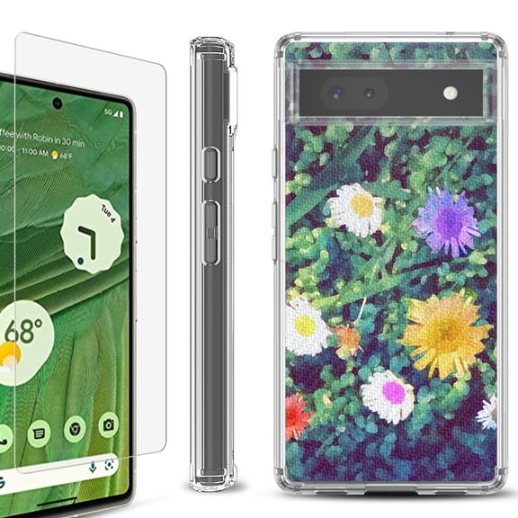 Shockproof Bumper Phone Case for Google Pixel 6a, with Tempered Glass Screen Protector, by OneToughShield ® - Daisy Paint
