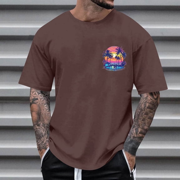 T-shirts for Men Print Coconut Tree Blouses Round Neck Casual Short Sleeve Round-Neck Top Brown L Mens Tops