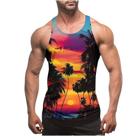 HaoXianJian Men's Tank Tops Summer Sleeveless Tee Cool Workout T-Shirts Beach Palm Tree Athletic Workout Colorful Graphic Top Tees Shirt Hawaiian Tank Tops for Men S-4X