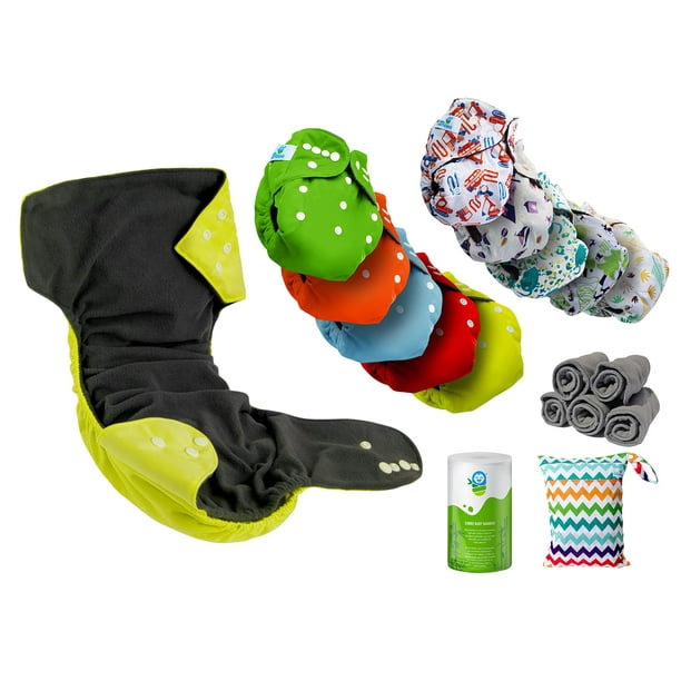 Kit Básico Pañal Ecologico De Bambú Reutilizables (Niño) 10 pañales mixtos interior fibra de bambu + Rollo de 100 toallitas de bambu + wetbag