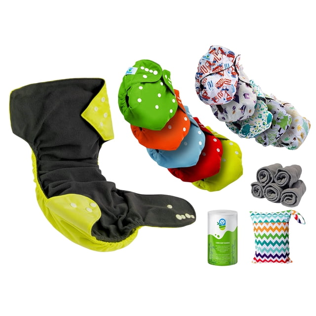 Kit Básico Pañal Ecologico De Bambú Reutilizables (Niño) 10 pañales mixtos interior fibra de bambu + Rollo de 100 toallitas de bambu + wetbag