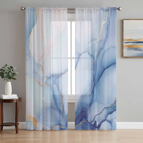 Sheer Curtains 84 Inches Long 2 Panels Set for Living Room, Blue Marble Semi Sheer Curtains for Windows, Gradual Modern Abstract Art Voile Window Treatments Rod Pocket Curtain