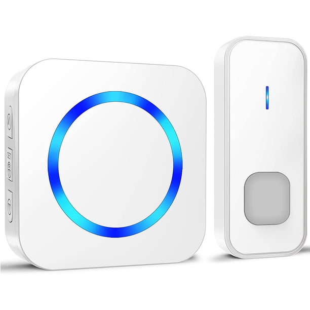 Timbre de puerta inalámbrico 400M Kit de timbre electrónico a prueba de agua con batería, 55 melodías en 5 niveles de volumen para el hogar, indicador LED azul, blanco
