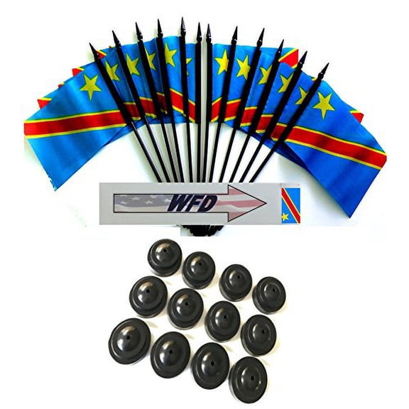 Pack of 12 4"x6" Democratic Republic of The Congo Polyester Mini Office Desk & Little Table Flags, 1 Dozen 4"x 6" Congolese Small Mini Handheld Waving Stick Flags with 12 Flag Bases