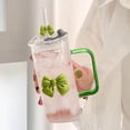 thumbnail image 6 of 2PC Bow Shaped Square Transparent Glass Cup with Lid Straw and Handle Heat Resistant Glass Tumbler Suitable for for Water Juice Iced Coffee Milk Tea, 6 of 7