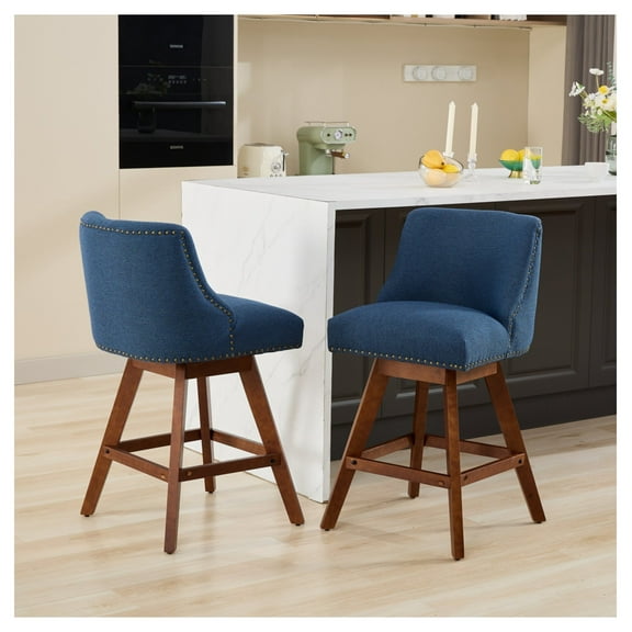 Counter Height Swivel Barstools, 26'' H Seat Height Upholstered Bar Stools Set of 2, Fabric in Blue
