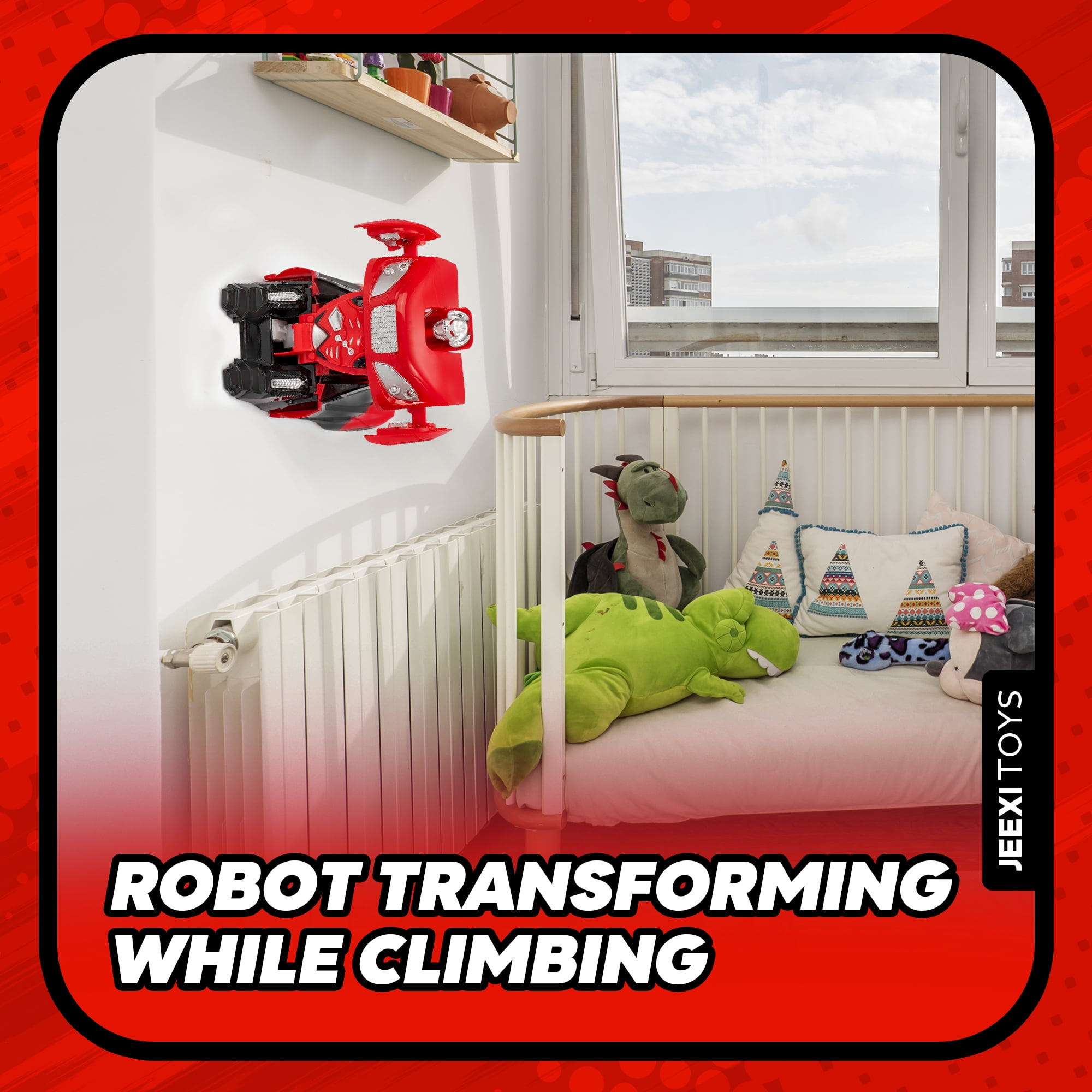 JEEXI Wall Climbing Remote Control Car - Transforming Robot RC Car Toy for Kids, Drives on Walls, Windows, Floors & Ceilings, Dual Mode for Floor & Wall, Fun Gift for Boys & Girls (Red)