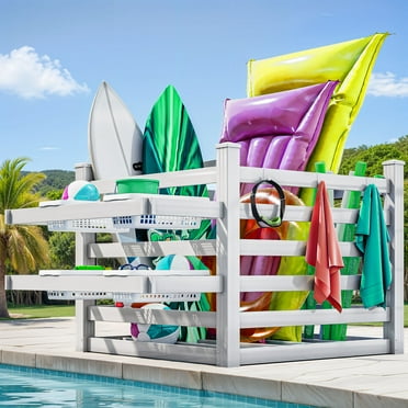 ModFusion Outdoor Patio Storage Box, White – Weather-Resistant, Includes 6 Hooks, Spacious Deck Storage for Poolside, 50L