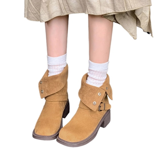 Riding Boots for Women Adjustable Button Fold Over Round Toe Stacked Heel Suede Fall Dress Booties Trendy Strappy Ankle Boots Yellow 7