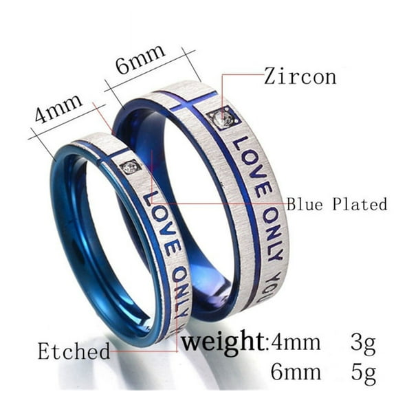 His and Hers Matching Stainless Steel Couple Rings, Blue Plated Love Only You Diamond Confession Engraving Simple Geometry Rings