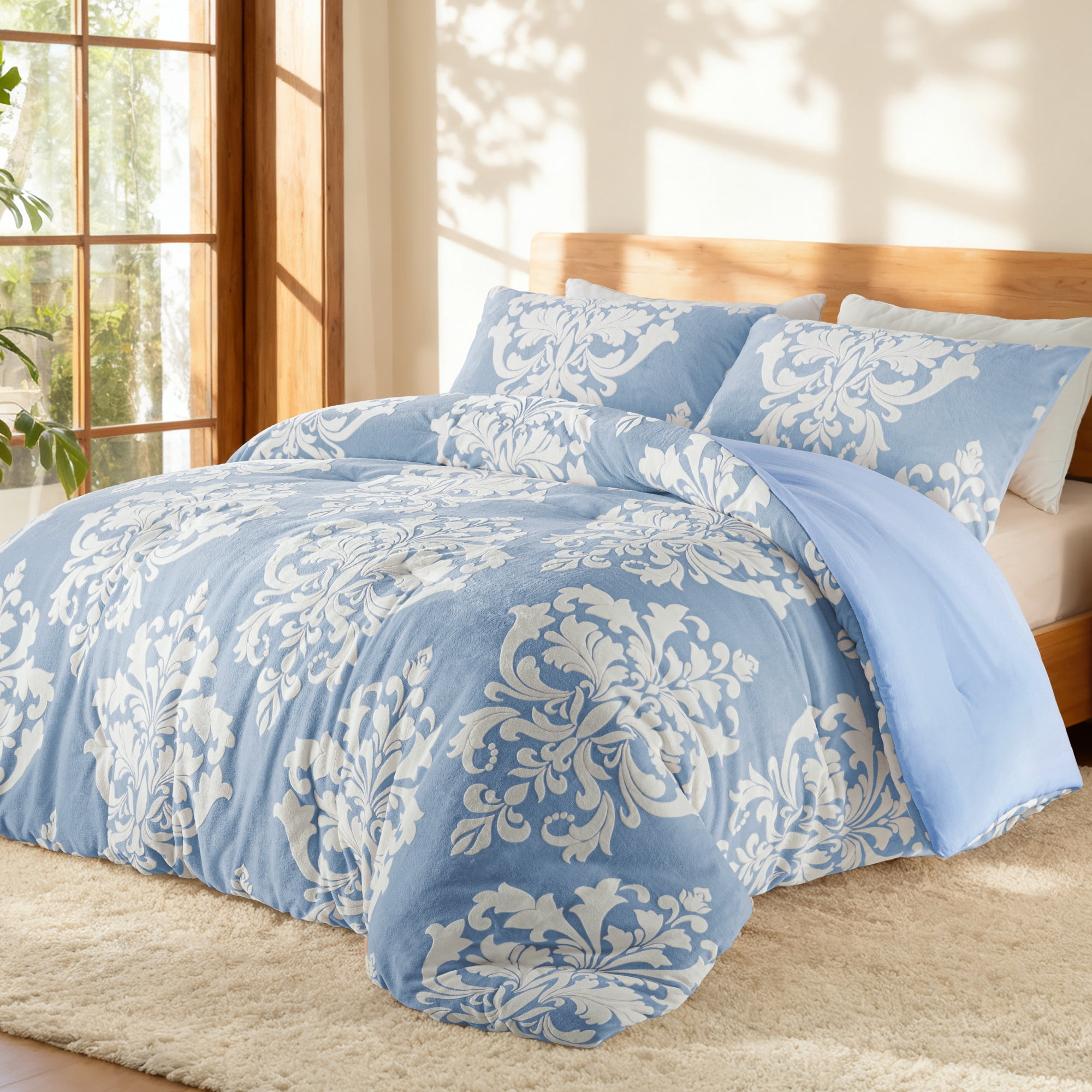 Exclusivo Mezcla Luxury Fuzzy King Size Comforter Set, 3 Pieces Boho Soft Warm Grayish Blue Comforters, Reversible Flannel Fluffy Bedding Comforter Sets for All Seasons