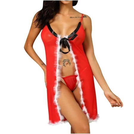 

Lingerie for Women Sexy Sling Teddy Intimates Christmas Clothes Plush Lace Underwear Nightdress Pajamas Suit