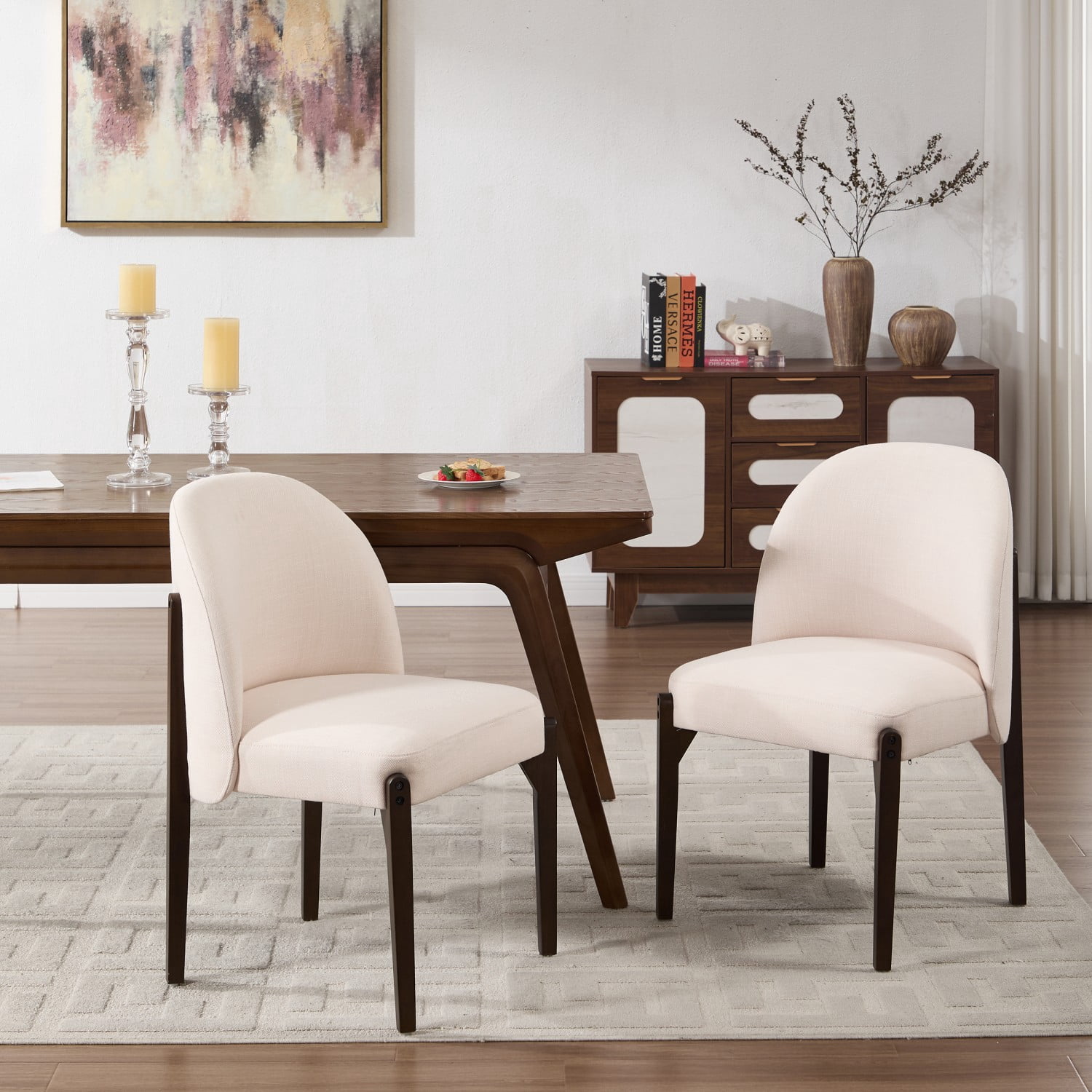 Dining Chairs Set of 2, Modern Fabric Upholstered Wood Kitchen Chairs, Farmhouse Dining Room Chairs for Small Spaces, Beige