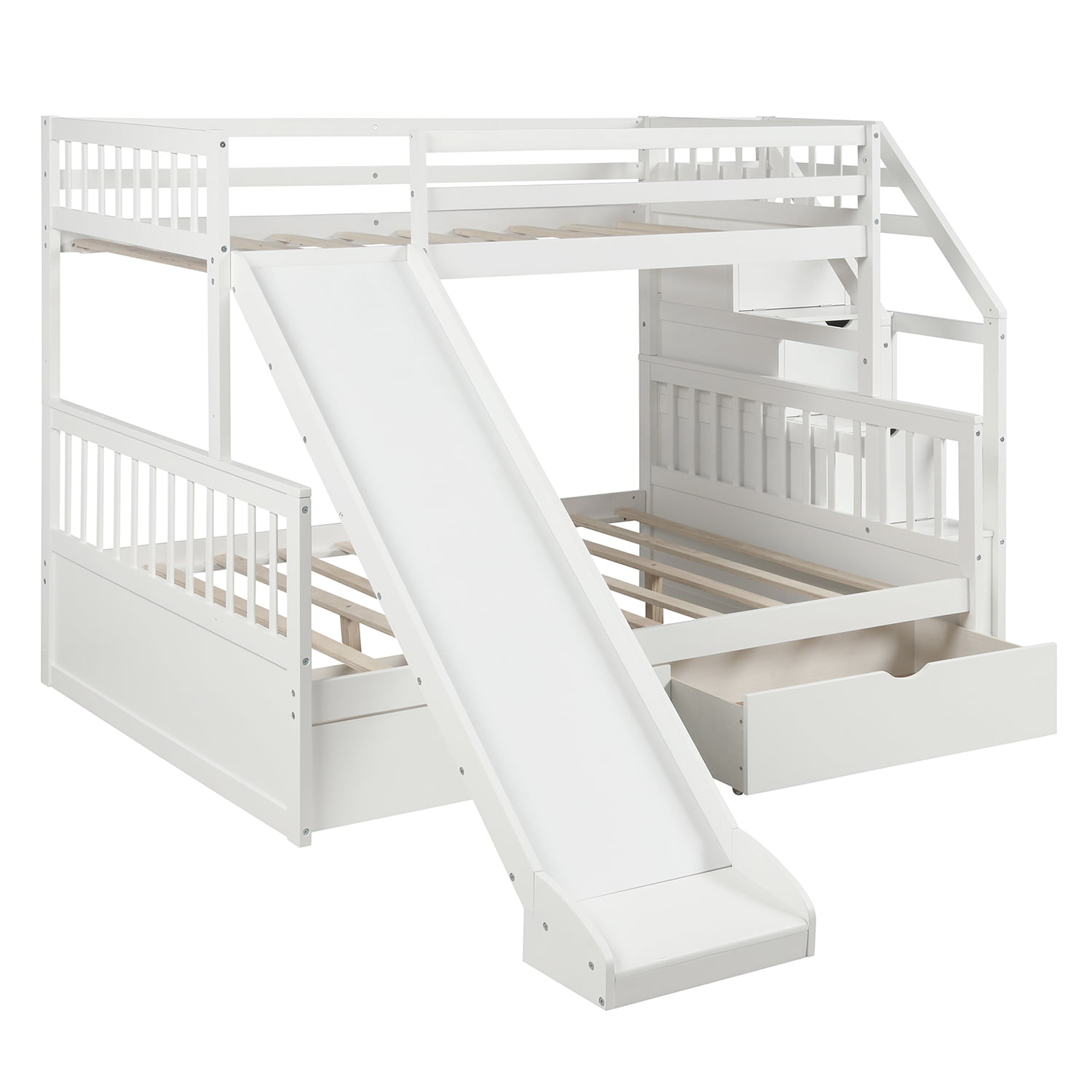 Twin Over Full Bunk Bed With Drawers, Bunk Bed With Stairs And Slide