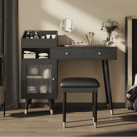 Euroco Modern Vanity Desk with Charging Station, Drawers & Cabinet – Makeup Table with Padded Stool, USB Ports & Storage for Bedroom or Office