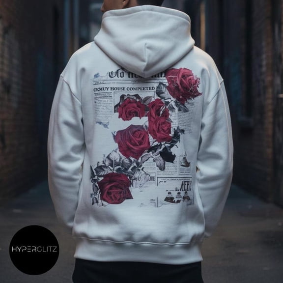 Men's Graphic Bright Rose Print Cotton Hooded Sweatshirt American Style Streetwear Casual Hooded Sweatshirt
