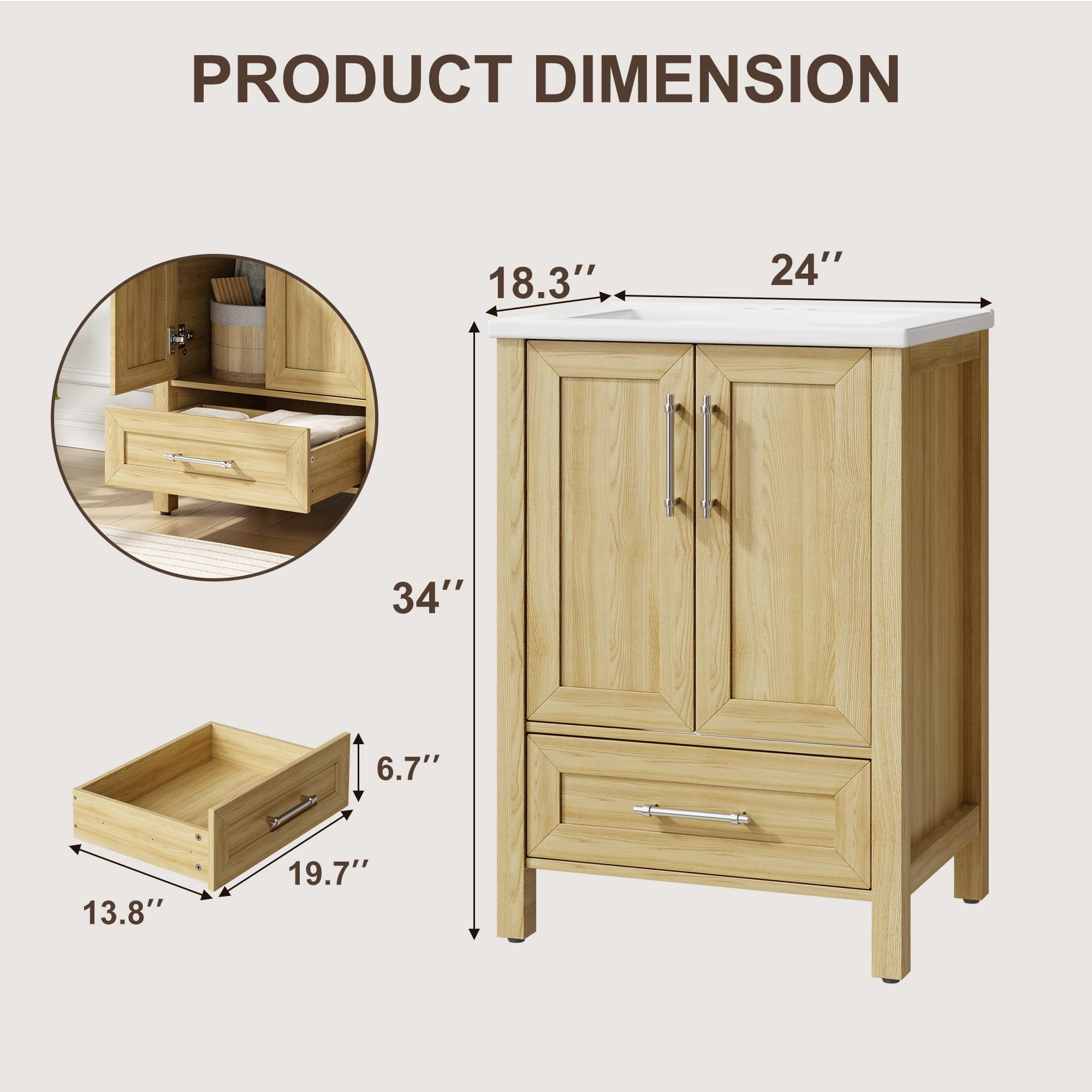 24" Bathroom Vanity with Sink, Freestanding Wooden Bathroom Vanity Cabinet with Soft-Closing Door and Metal Handle, Modern Floor Standing Storage for Small Spaces，Natural Wood