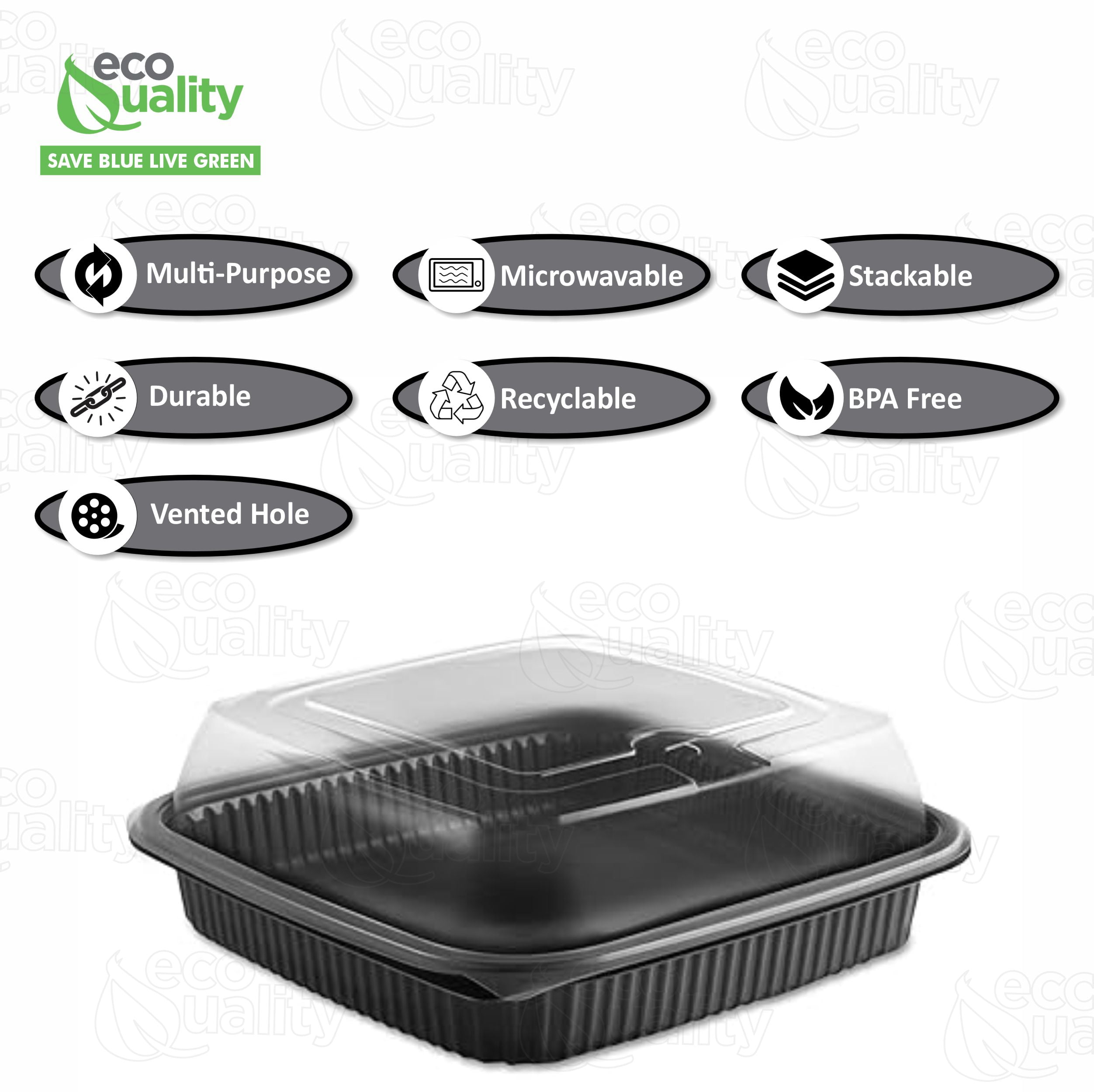 EcoQuality 36oz 8" Square Black Container with Clear Dome Lid, Reusable Bento Box, Food Storage Containers | BPA Free | Stackable | Lunch Boxes, Microwave/Dishwasher/Freezer Safe (25)