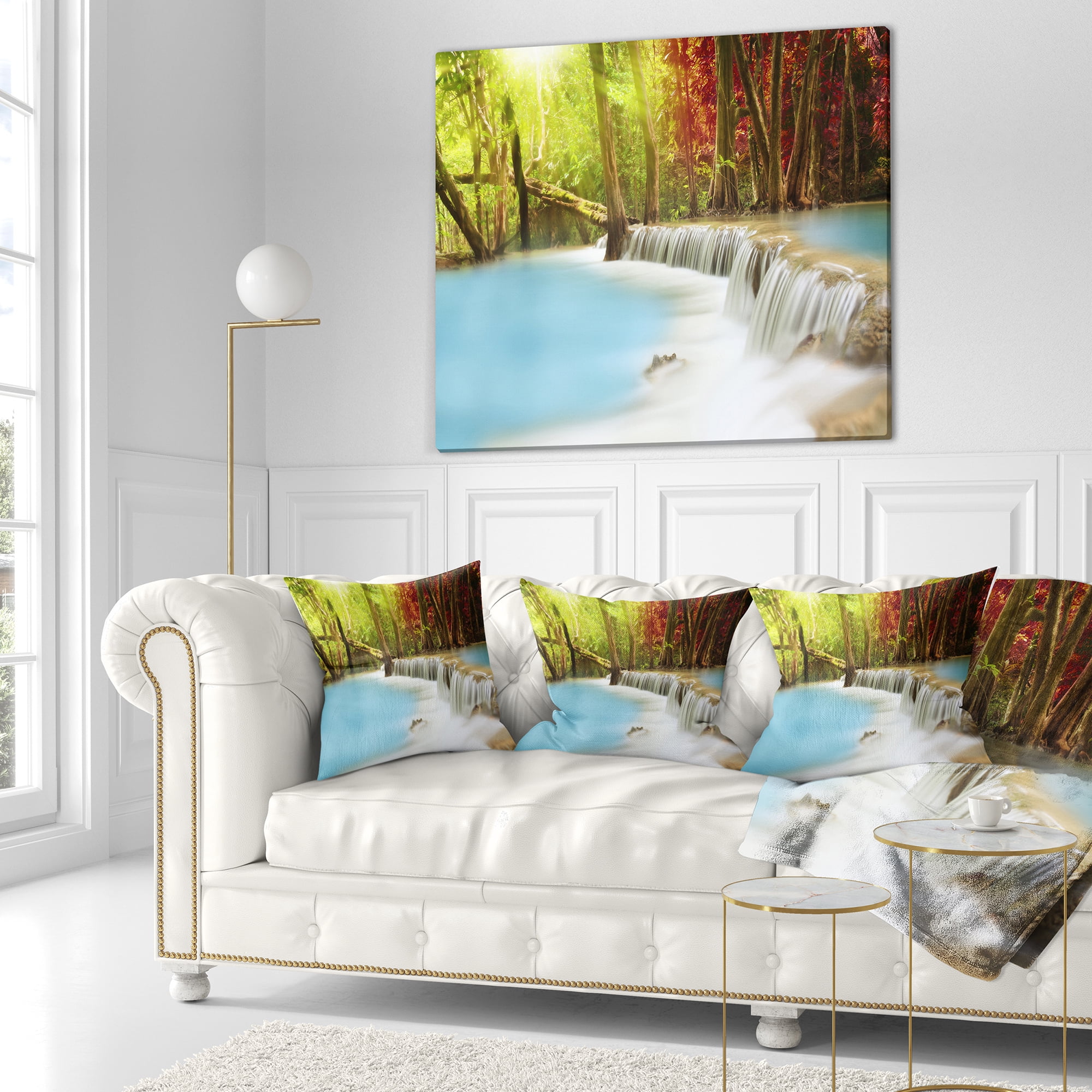Designart Blue Waters of Huai Mae Kamin Waterfall - Landscape Printed Throw Pillow - 16x16
