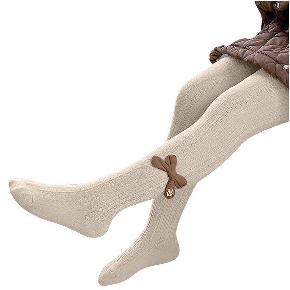 Xfvqtps Girls Tights Knit Cable Bow Decoration Solid Color Thickened Elastic Soft Comfortable Warm Winter Pantyhose for 1-12 Years Beige