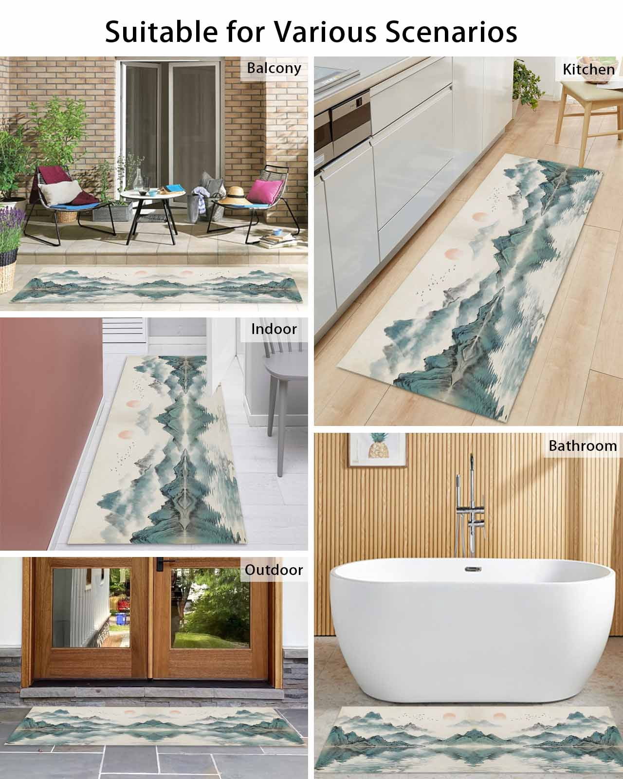 Oriental Front Door Mat Traditional Ethnic Art Chinese Landscape Ink Painting Welcome Doormat Indoor Outdoor Entrance Floor Mat Non-Slip Washable Runner Rug for Front Porch Decor 20x63 Inch