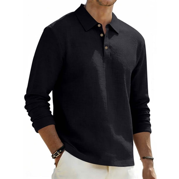 Ceisia Men's Breathable Linen Blend Long Sleeve Polo Shirts, Relaxed Fit Casual Collared Shirts for Daily Wear Gifts