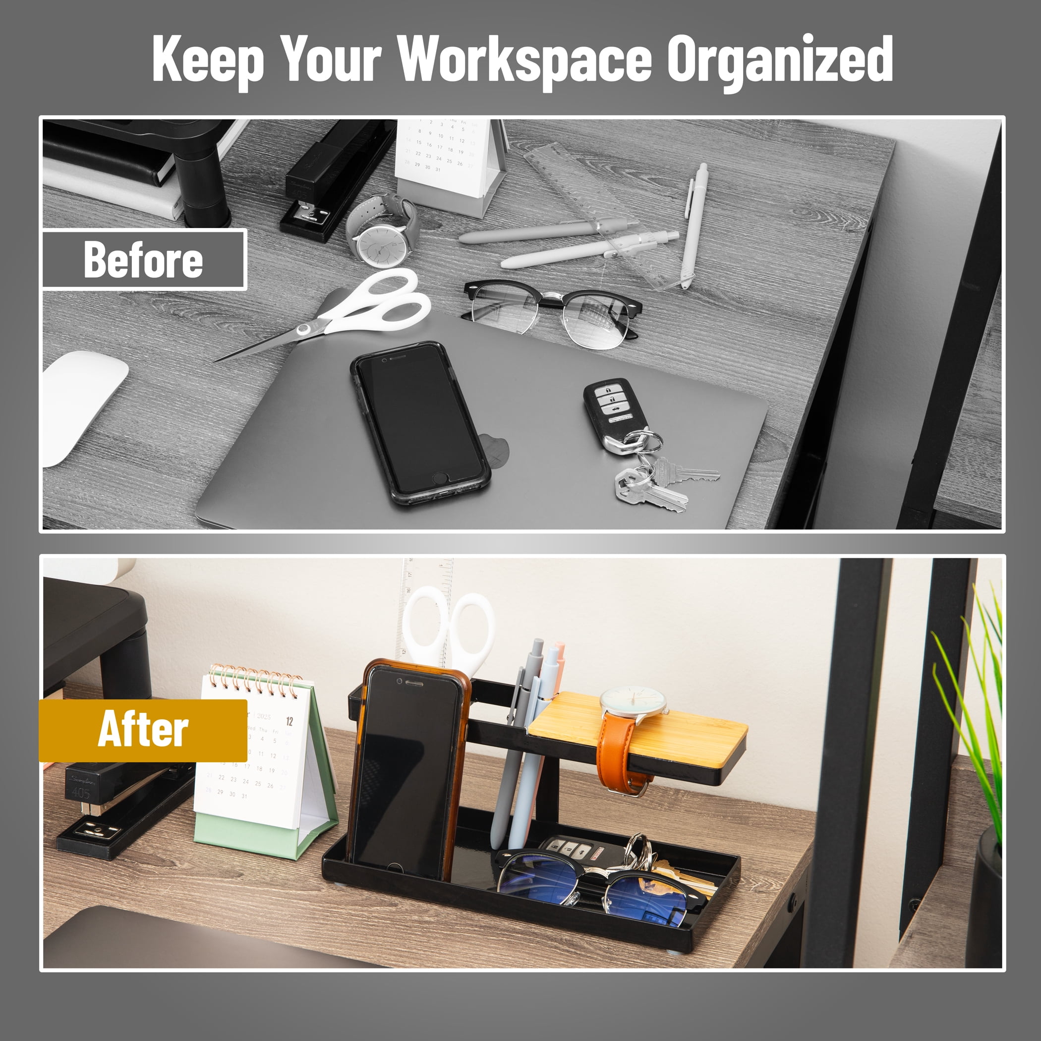 Mind Reader Steel and Wood Desktop Organizer,  Desktop Dock with Catchall Tray, Black