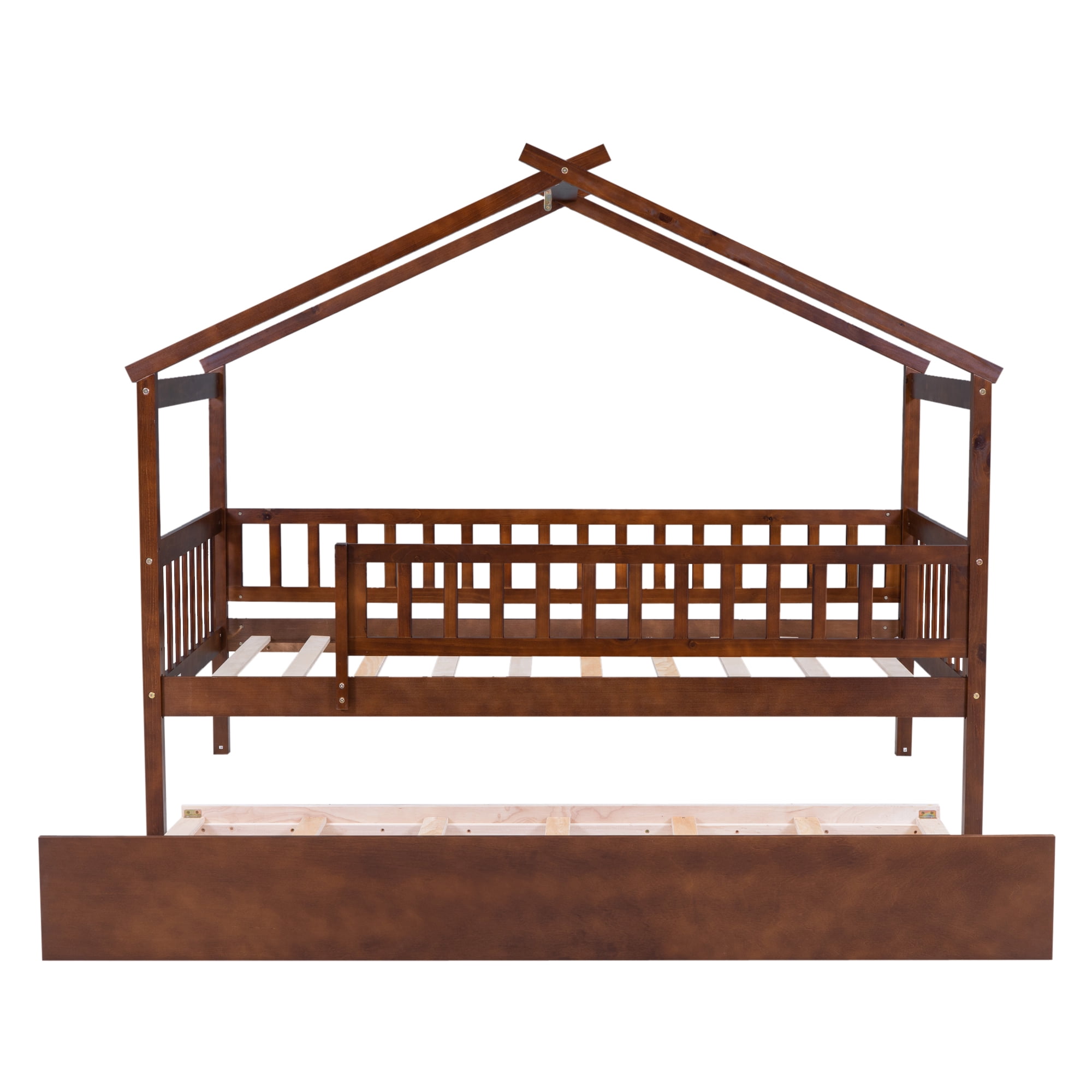 Gewnee Pine Wood Twin Size House Bed with Trundle and Roof for Kids,Walnut